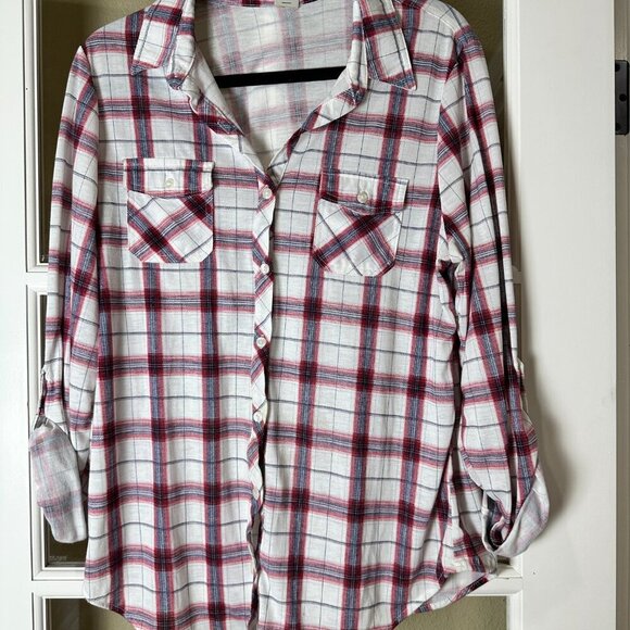 VICI Boutique Passport Plaid Roll Sleeve Button Down Shirt Top Blouse Size XL - Picture 2 of 7